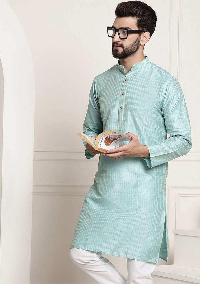 Sea Green Striped Poly Blend Kurta For Men - Indya