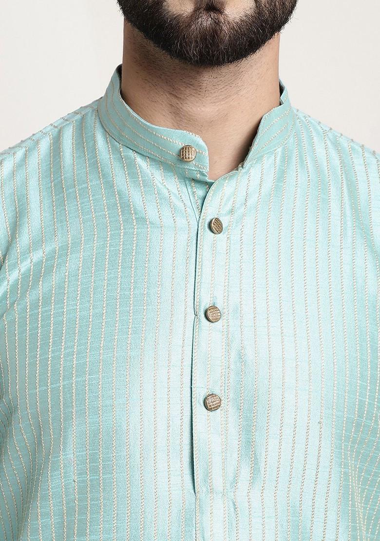 Sea Green Striped Poly Blend Kurta For Men