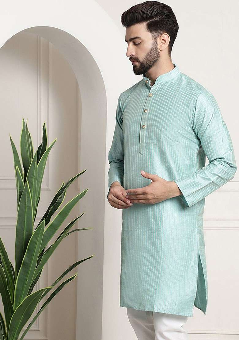 Sea Green Striped Poly Blend Kurta For Men - Indya