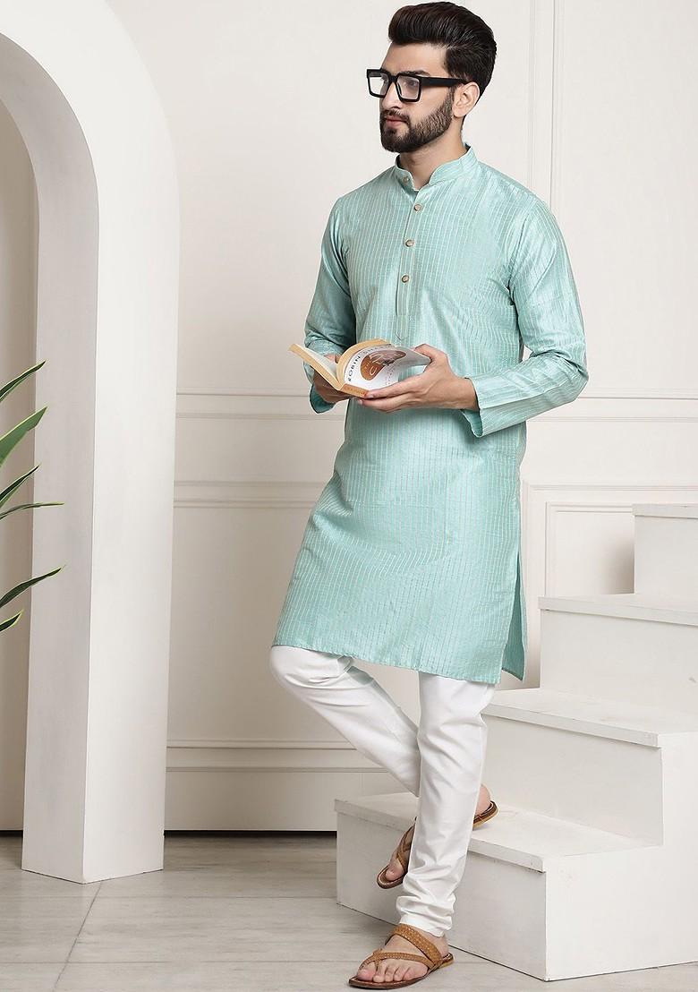 Sea Green Striped Poly Blend Kurta For Men