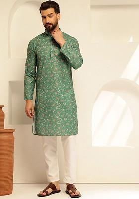 Green Printed Cotton Kurta For Men