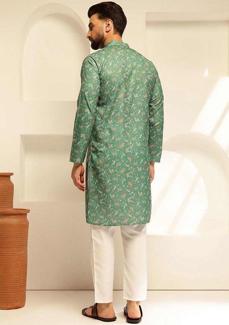 Green Printed Cotton Kurta For Men
