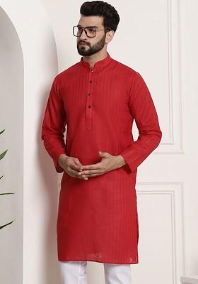 Red Checked Poly Blend Kurta For Men
