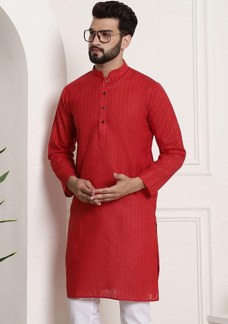 Red Checked Poly Blend Kurta For Men