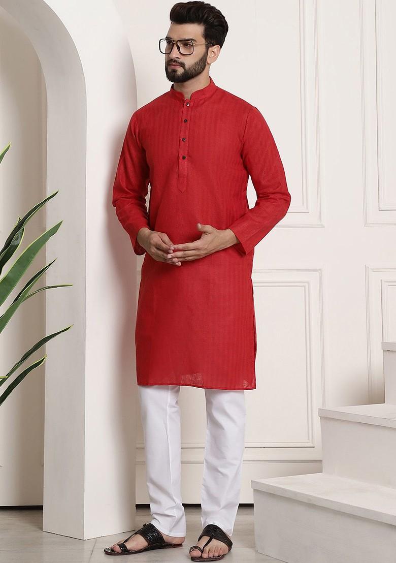 Red Checked Poly Blend Kurta For Men