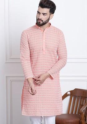 Peach Embroidered Cotton Kurta For Men