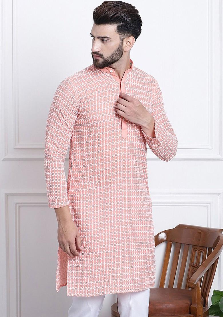Peach Embroidered Cotton Kurta For Men