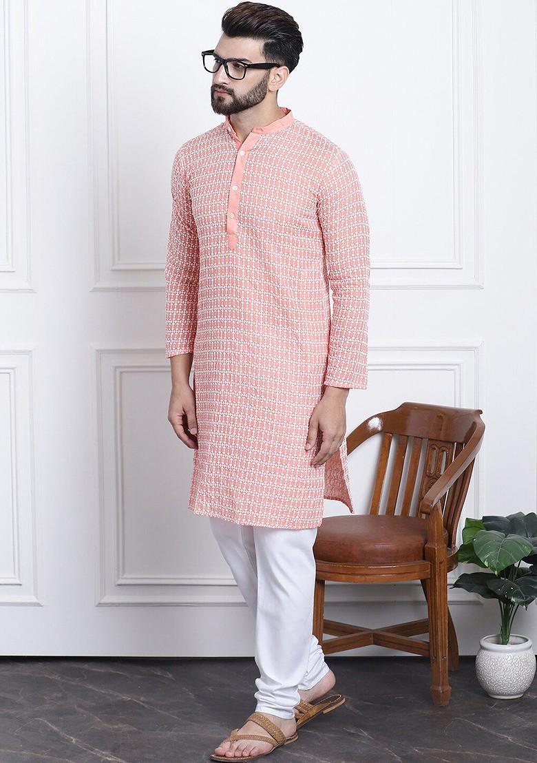 Peach Embroidered Cotton Kurta For Men