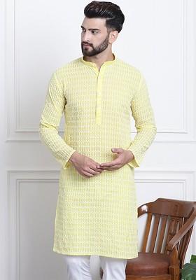Yellow Embroidered Cotton Kurta For Men