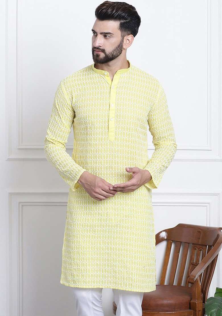 Yellow Embroidered Cotton Kurta For Men - Indya