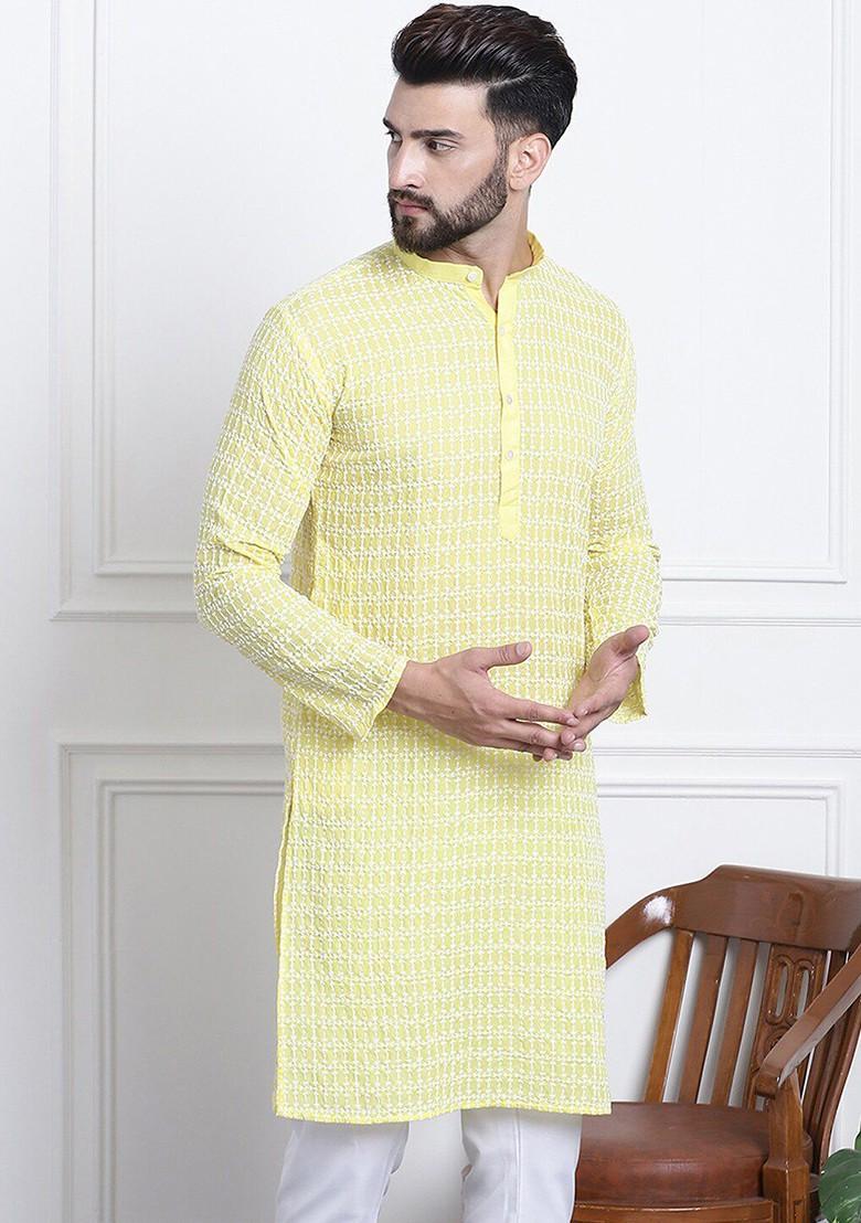 Yellow Embroidered Cotton Kurta For Men