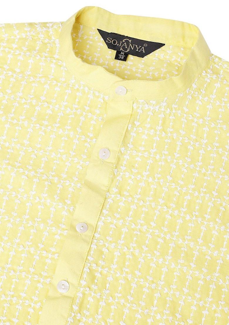 Yellow Embroidered Cotton Kurta For Men