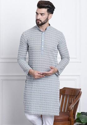 Grey Embroidered Cotton Kurta For Men