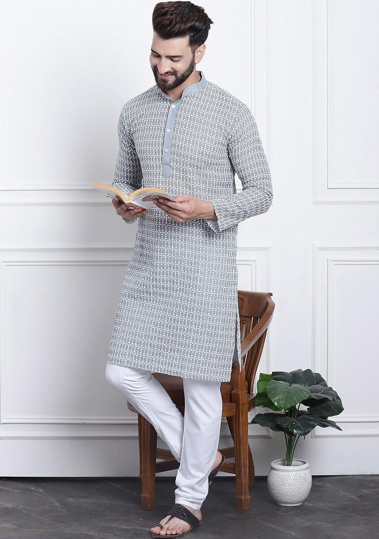 Grey Embroidered Cotton Kurta For Men