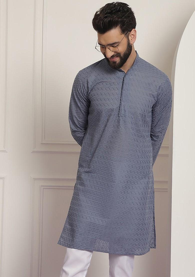 Grey Embroidered Cotton Kurta For Men