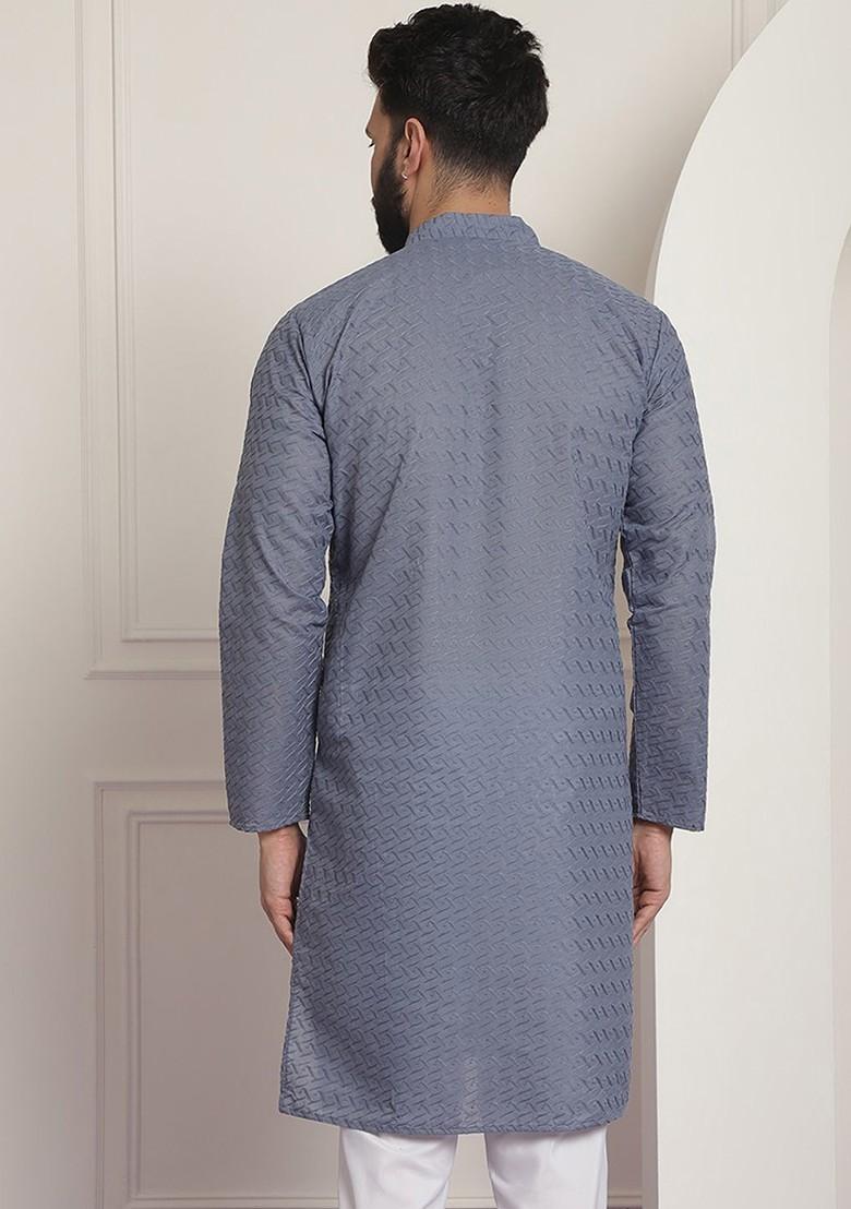 Grey Embroidered Cotton Kurta For Men