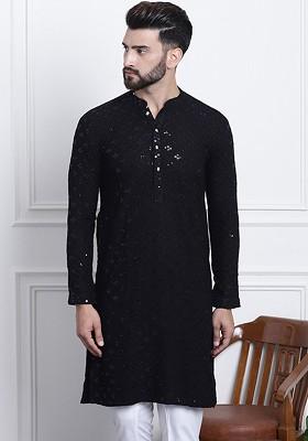 Black Embellished Cotton Kurta For Men