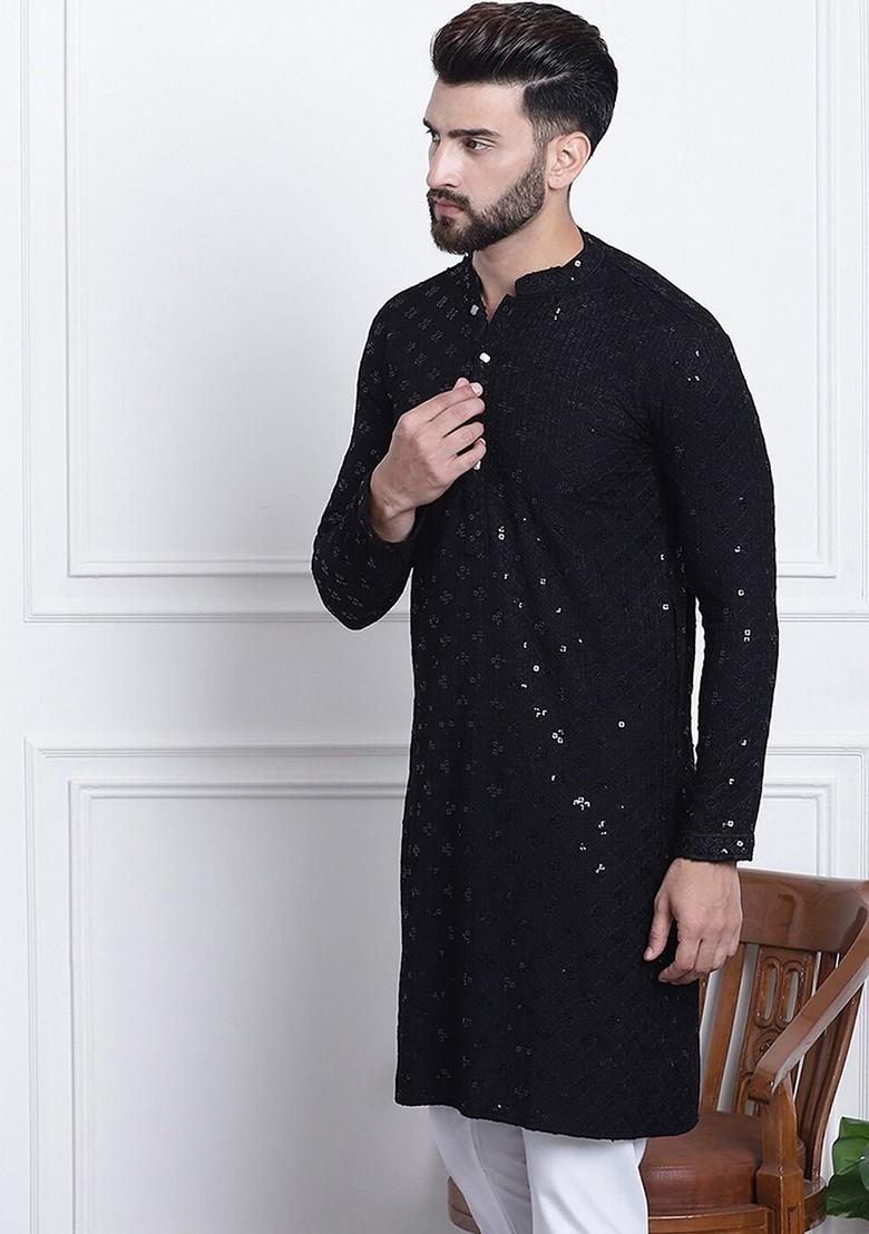 Black Embellished Cotton Kurta For Men