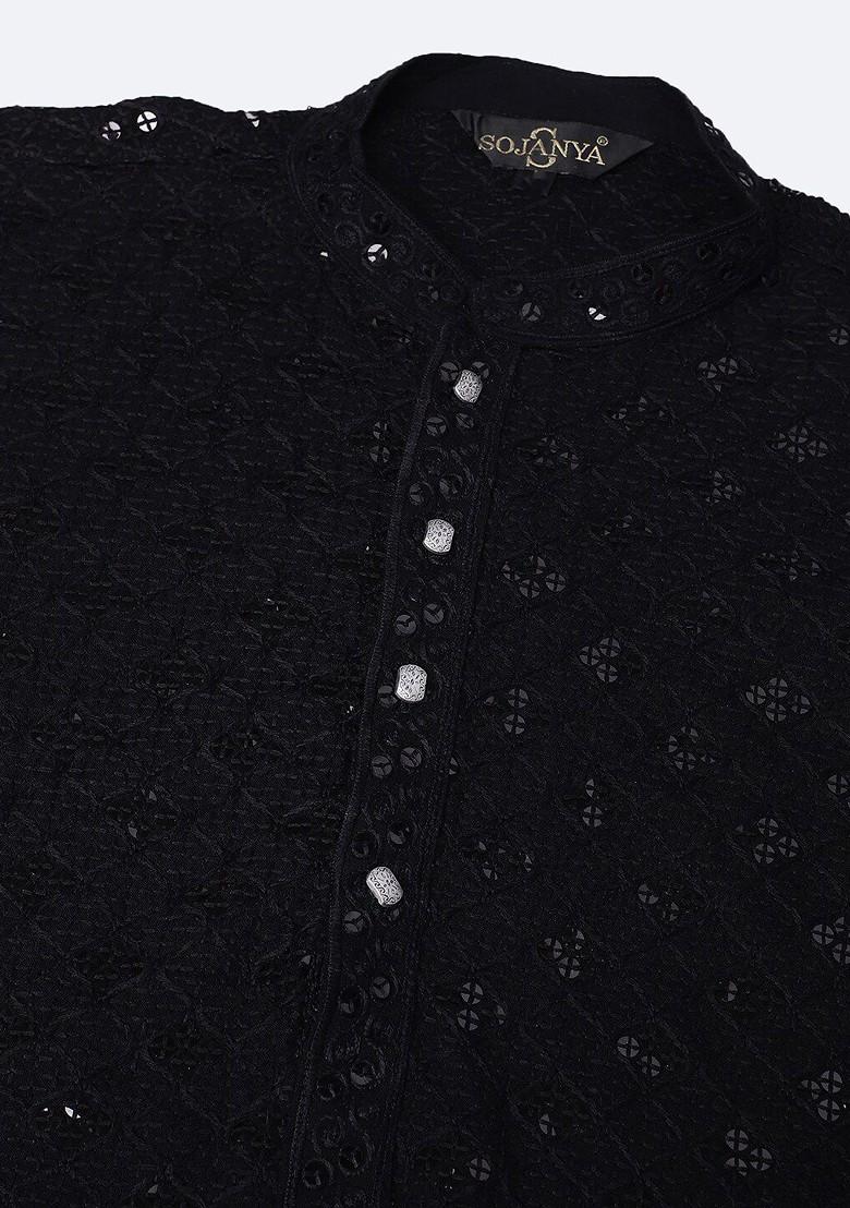 Black Embellished Cotton Kurta For Men