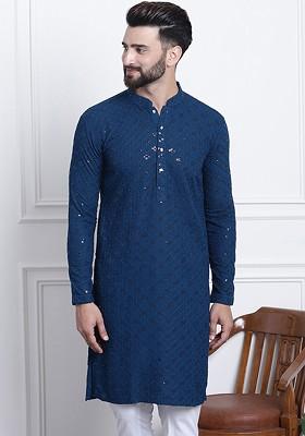 Teal Blue Embellished Cotton Kurta For Men