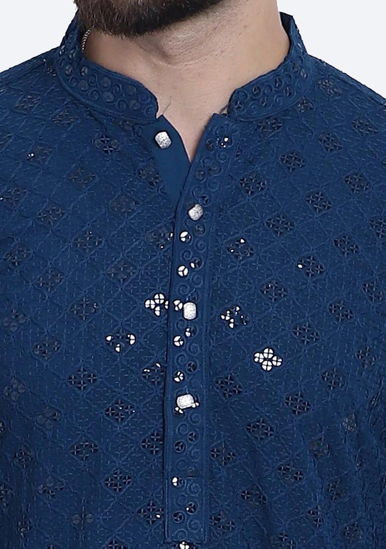 Teal Blue Embellished Cotton Kurta For Men