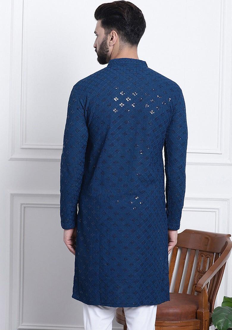 Teal Blue Embellished Cotton Kurta For Men