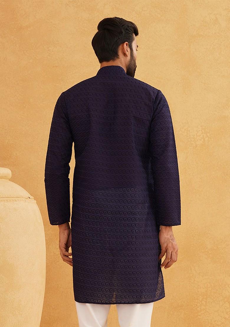 Navy Blue Thread Work Cotton Kurta For Men