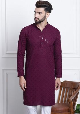 Purple Embellished Cotton Kurta For Men