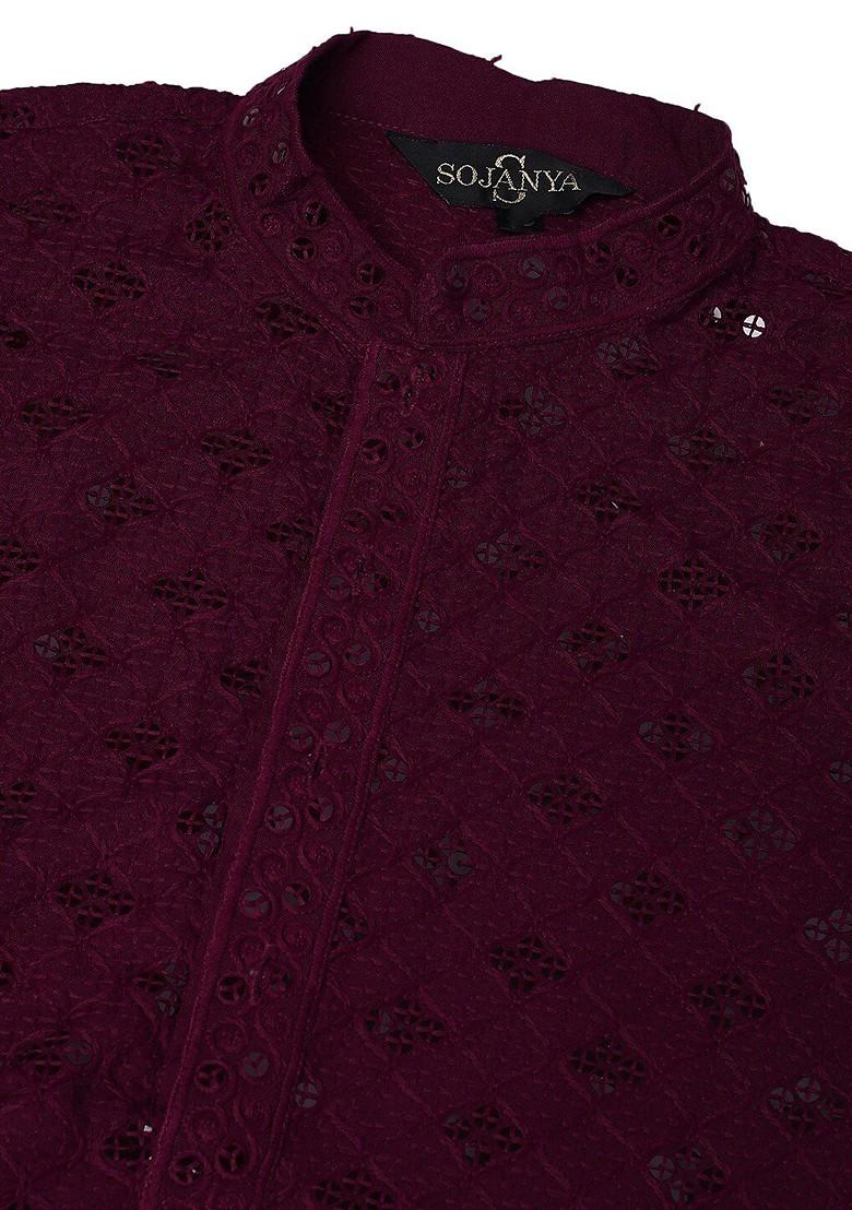 Purple Embellished Cotton Kurta For Men