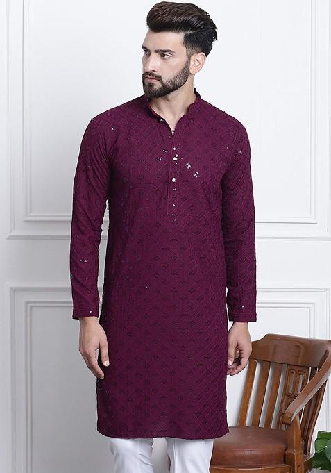Purple Embellished Cotton Kurta For Men — view on Indya