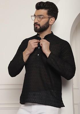 Black Embroidered Cotton Kurta For Men