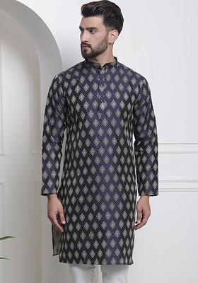 Navy Blue Embroidered Cotton Kurta For Men