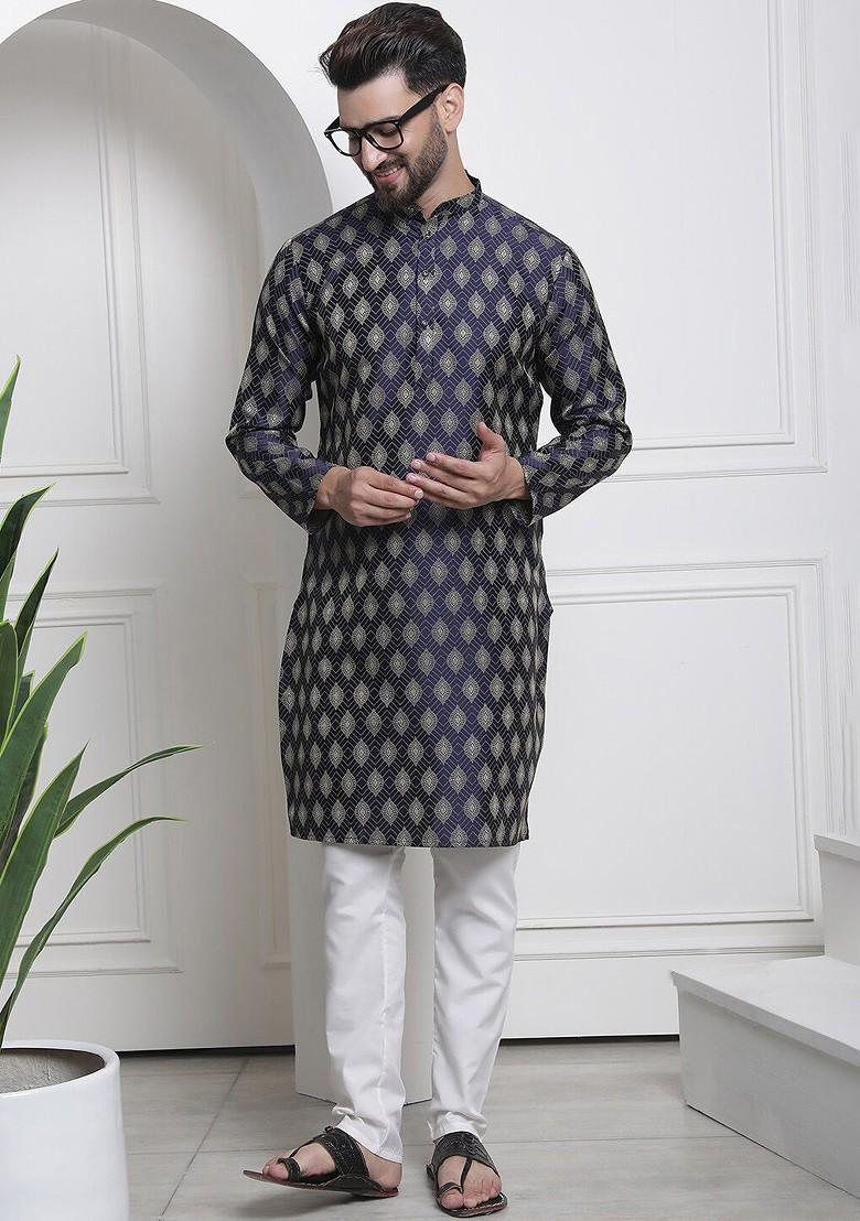 Navy Blue Embroidered Cotton Kurta For Men