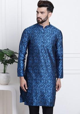 Blue Woven Poly Blend Kurta For Men