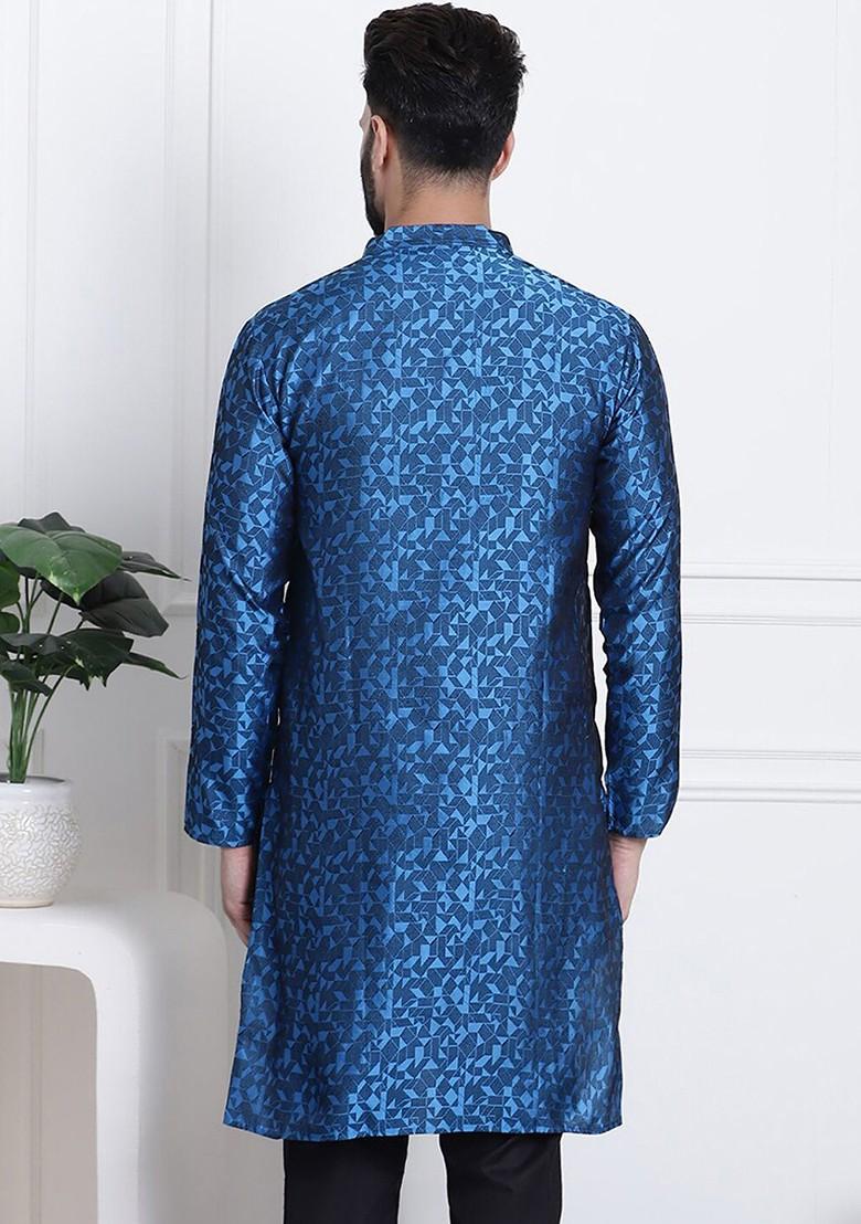 Blue Woven Poly Blend Kurta For Men