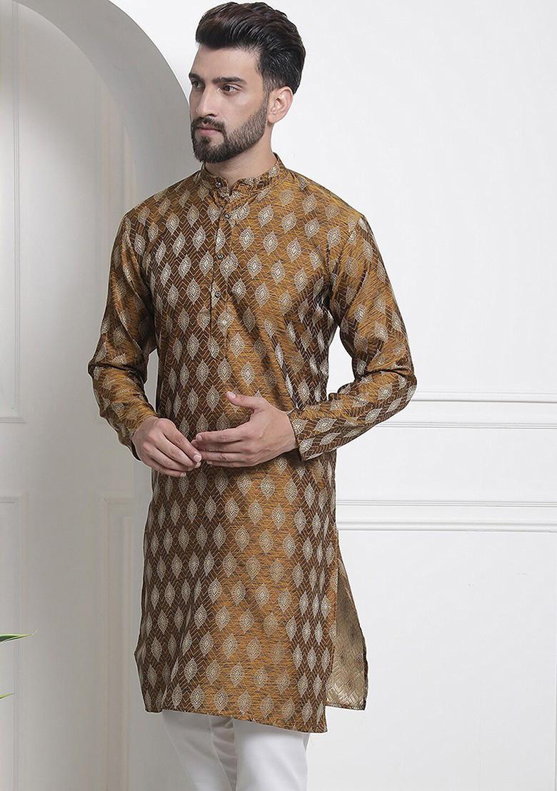 Mustard Ethnic Motifs Poly Blend Kurta For Men