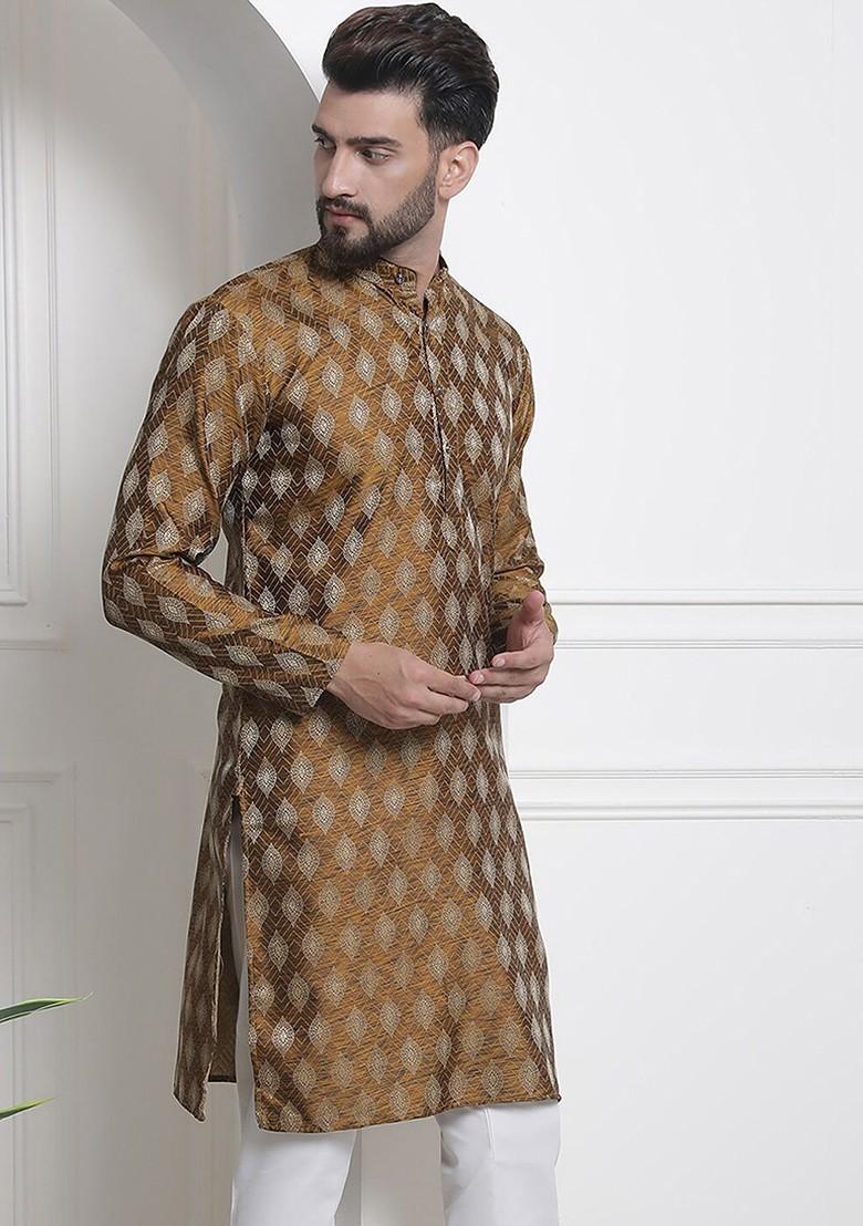 Mustard Ethnic Motifs Poly Blend Kurta For Men
