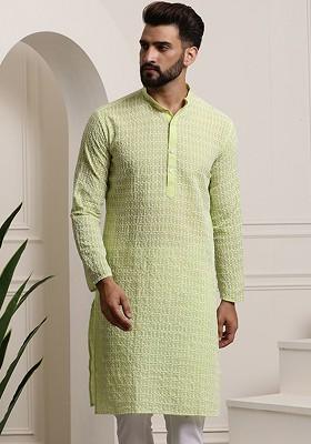 Green Thread Work Cotton Kurta For Men