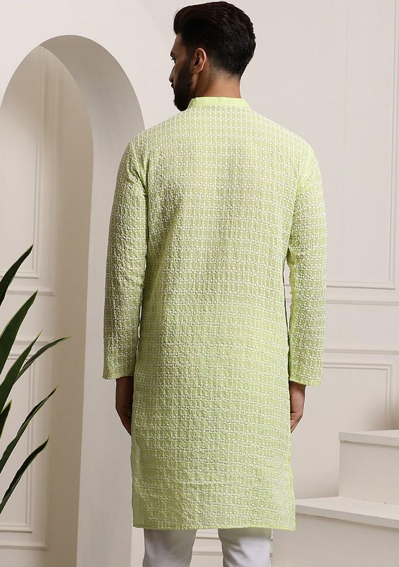 Green Thread Work Cotton Kurta For Men