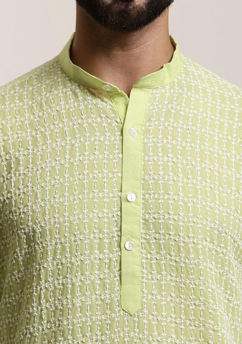Green Thread Work Cotton Kurta For Men