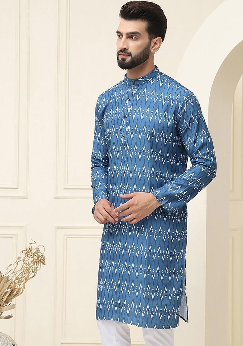 Navy Blue Ethnic Motifs Cotton Kurta For Men