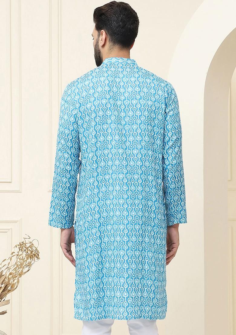 Turquoise Blue Ethnic Motifs Cotton Kurta For Men