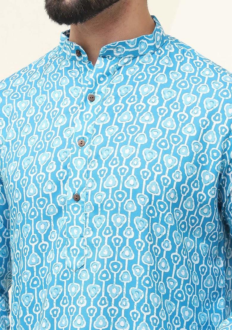 Turquoise Blue Ethnic Motifs Cotton Kurta For Men