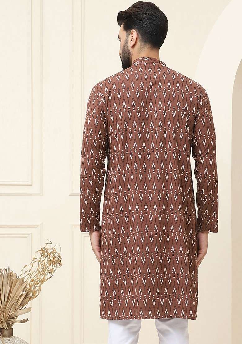 Brown Thread Work Poly Blend Kurta For Men - Indya