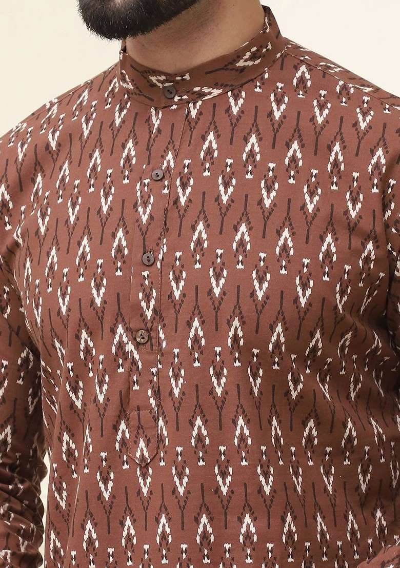 Brown Thread Work Poly Blend Kurta For Men - Indya