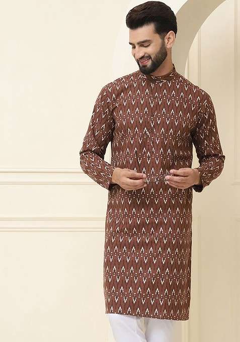 Brown Thread Work Poly Blend Kurta For Men