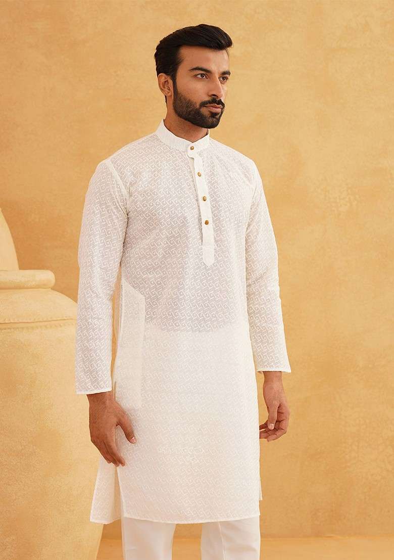 Cream Embroidered Cotton Kurta For Men - Indya