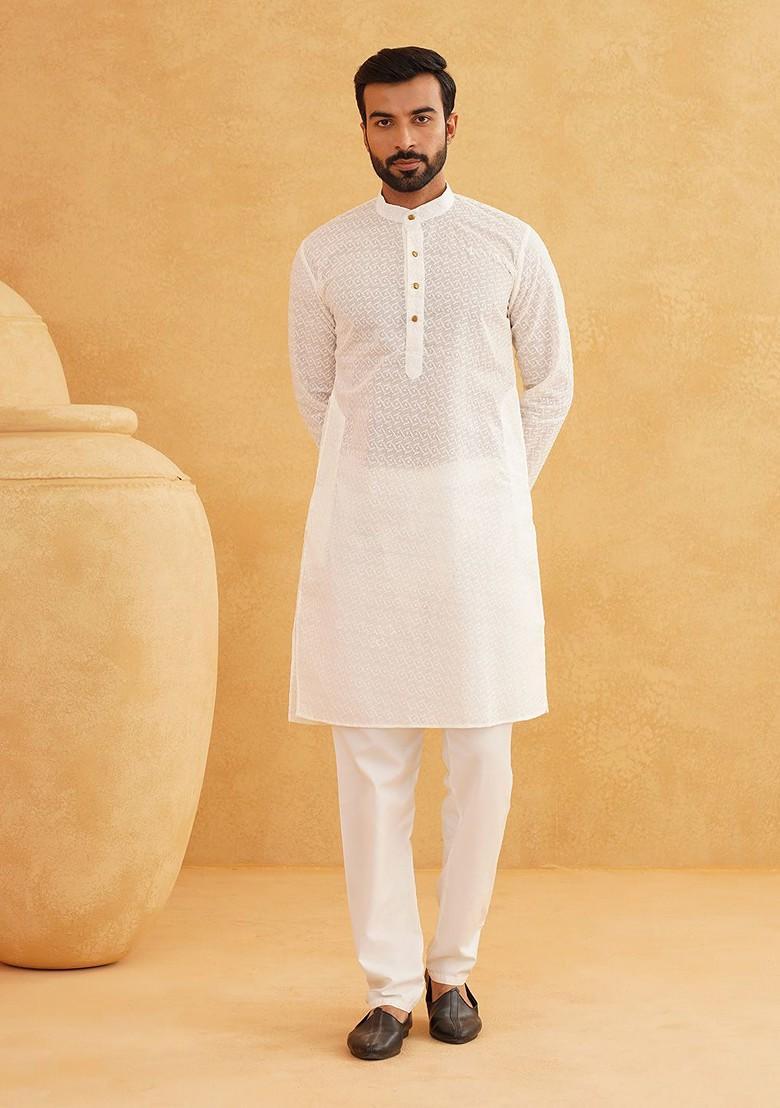 Cream Embroidered Cotton Kurta For Men