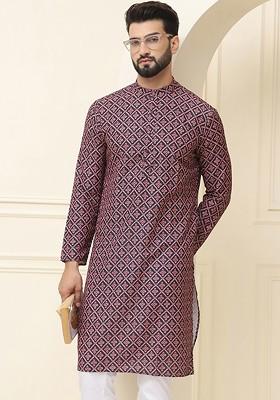 Black Ethnic Motifs Cotton Kurta For Men