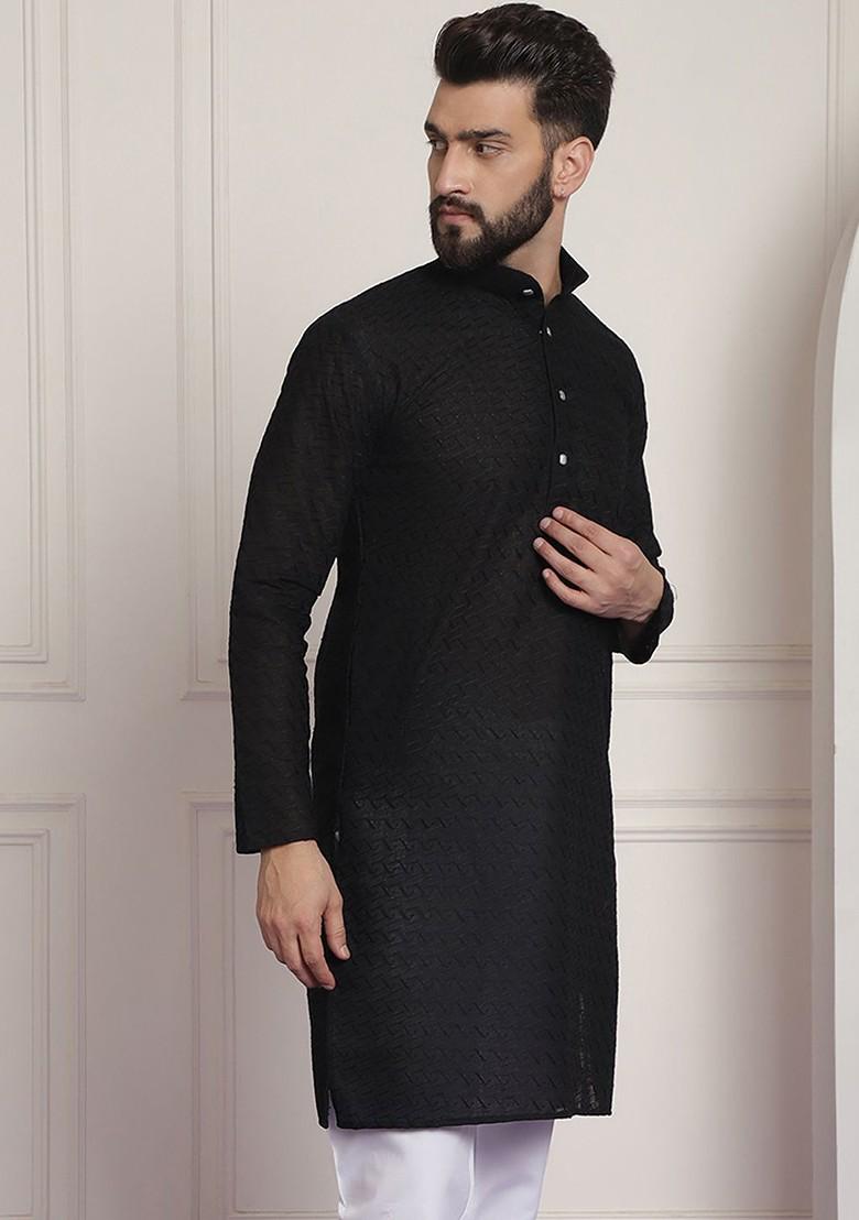 Black Thread Work Poly Blend Kurta For Men